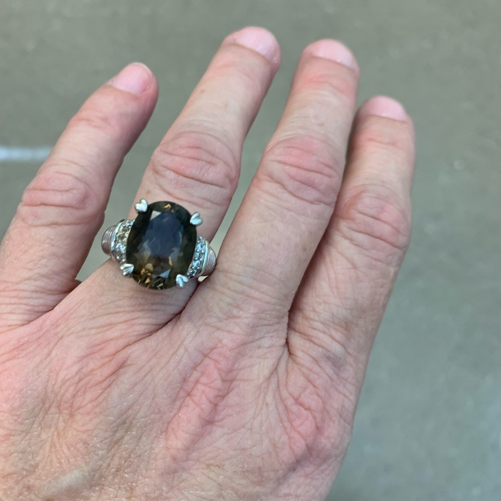 Judith Ripka SS and smokey quartz and CZ size 7-7.25 ring